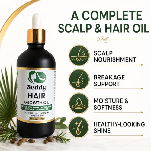 Image of Seddy Hair & Scalp Nourishing Oil with Caffeine, Rosemary, Castor, Biotin, Peppermint, Argan & Jojoba Oils | Lightweight Leave-In Hair Care Oil for Dry, Damaged & All Hair Types |1.7 fl oz (Pack of 3)