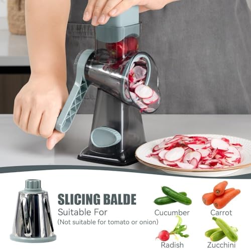 KEOUKE Rotary Cheese Grater Hand Crank Transparent - Shredder Slicer Grinder 3 Stainless Steel Blades, Stable Suction, Labor-Saving Handle, Safe