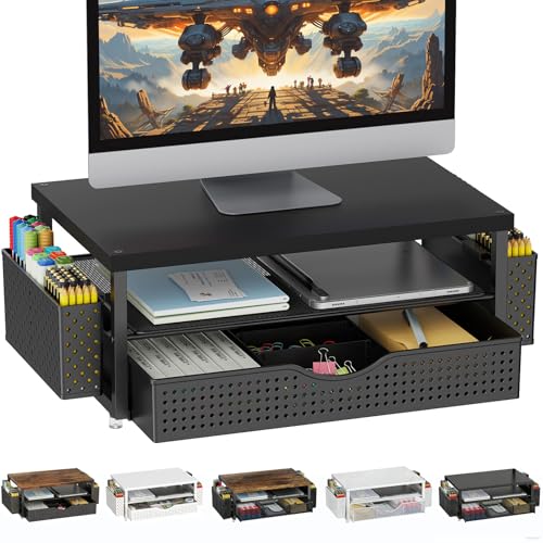 Monitorständer mit Schublade, Schreibtischorganizer und Zubehör, 2-stufiger Computer Monitor Erhöhung mit Schublade und 2 Stifthaltern, ergonomischer Desktop Ständer für Büro Zubehör (Holz Schwarz)
