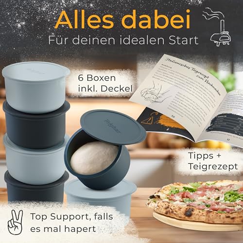 Teigbar Pizzaballenbox mit Deckel, 6er Set - platzsparende Teigbox aus löse-leichtem Silikon - bis zu 350g Pizzateig Box - Gärbox, Pizza Zubehör, Pizza Box - Schwarz/Grau - Ø13cm
