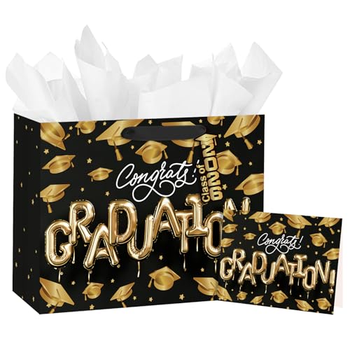 Loveinside 13 Large Graduation Gift Bag Black Gold Congrats Graduation Balloon Letter Design Gift Bag with Tissue Paper Elegant Party Bag for High School College Graduates 13 x 5 x 10 1 Pcs