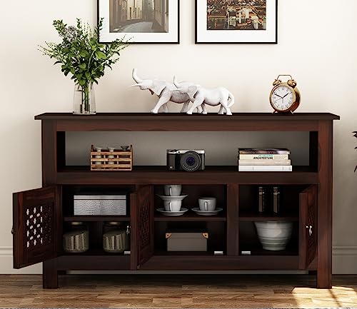 Image of Solid Sheesham Wood Wooden Sideboard Storage Cabinet & Chest of Drawer : Ideal for Living Room and Bedroom with 3-Shelf Storage (Hurtado, Walnut Finish)