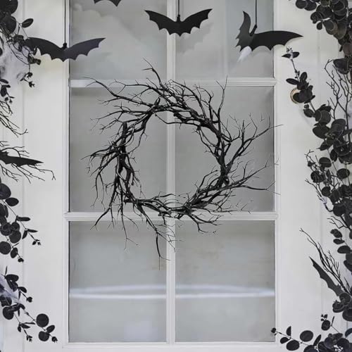 17 Inch Large Black Twig Spooky Realistic Halloween Wreath for Front Door (Black) - image 5