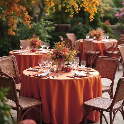 Image of sancua Thanksgiving Round Tablecloth 90 Inch Diameter, 8 Pack Burnt Orange Circle Polyester Fabric Fall Table Cloth for Holiday Party Reception, Washable Table Cover (Fit 30-72 Inch Tables, Rust)