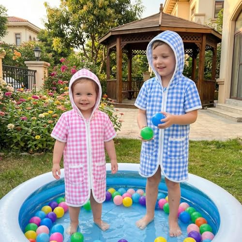 Image of Girls Boys Hooded Terry Coverups One Piece Swimsuits Summer Striped Trim Zip Up Short Sleeve Swim Cover Up Beachwear