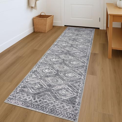 KILOCOCO Hallway Runner Rug 2'x7' Runners for Hallways Washable Runner Rug Non Slip Rubber Backed Low-Pile Runners for Bedroom Kitchen Living Room Laundry Room Boho Rugs, Grey