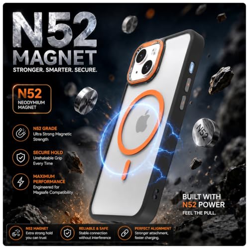 Image of Pikkme Back Cover for iPhone 14 | Shockproof | Mag-Safe Compatible | Hard Transparent Back | Premium Raised Camera Protection | Bumper Case (Black & Orange Mag-Safe)