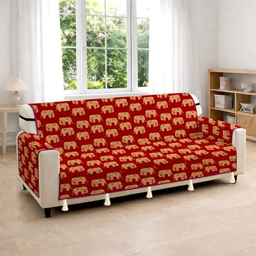 Image of Cloth Fusion 300 GSM Quilted Jaipuri Theme Printed 3 Seater Sofa Cover Mat-Style Fully Covered with Armrest Pockets, Adjustable Straps & Lock Fit (170 cm Seat Run, Elephant Block)