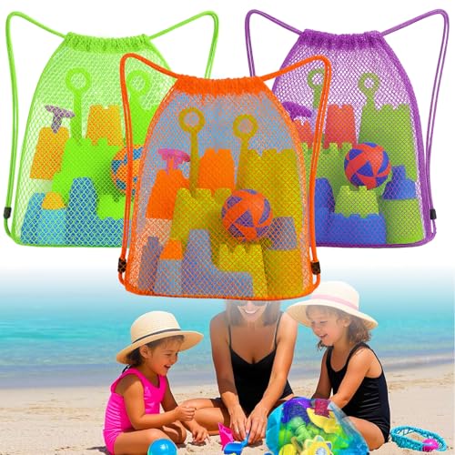 Palksky Beach Toys Bag, 3Pack Mesh Drawstring Sand Toy Bags, Back...