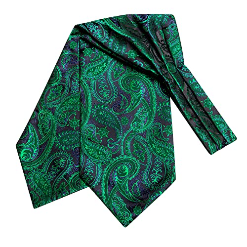 Image of Hi-Tie Ascot Lapel Pin Set Mens Cravat Ties for men Wedding Scarf Tie Party Business Formal Tuxedo,Black Green Paisley
