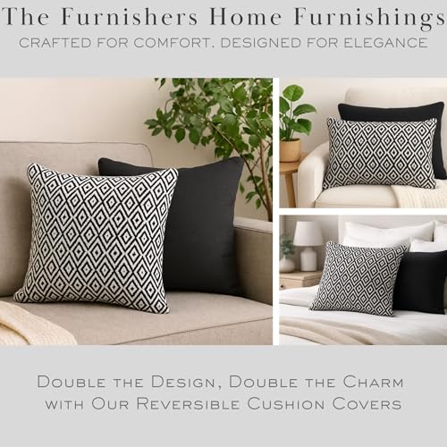 Image of Reversible 18x18 Black Cotton Argyle Woven Pack of 2 Fashion Throw Pillow Covers Cases for Couch Sofa Home Decoration | 45x 45 cm