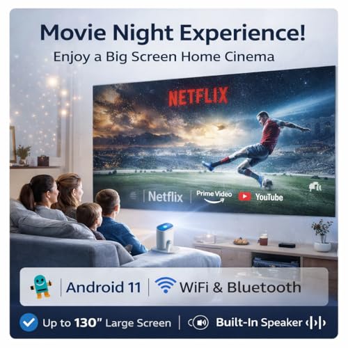 Image of Casaquin Smart Projector | 4K Support, Native 720p HD, 2500 Lumens | Rotatable Design, Built-in Speaker | Android 11 with Netflix, Prime, YouTube | WiFi Connectivity | Entertainment