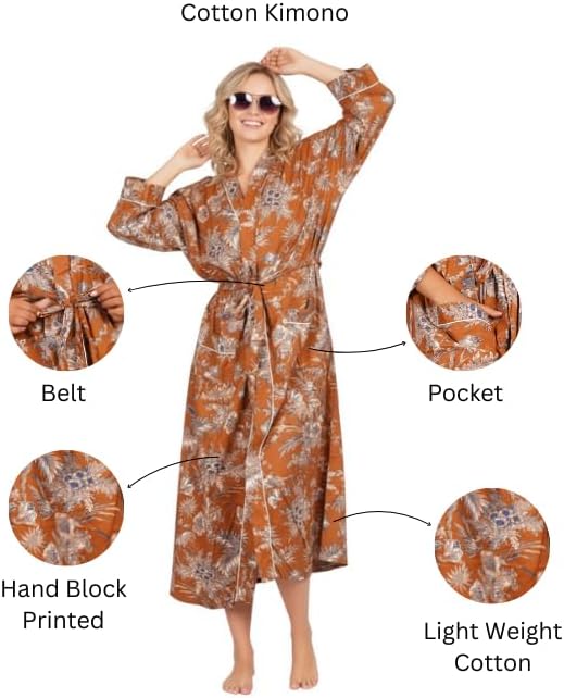 COTSILER Cotton Block Print Kimono Robe for Women Long Bathrobe with Belt & Pockets For Summer Lightweight Nightwear,Cover-Up - Image 4