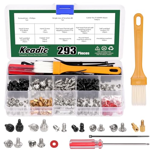 Keadic 293Pcs Computer Screws Assortment Kit Motherboard Standoffs Screw PC Installation & Repair Hardware for Mainboard, Hard Drive HDD, Case, Fan, Power Graphics,CD-ROM