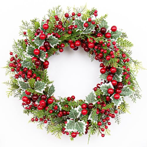 LLZLL Christmas Wreath for Front Door 20 Inch Indoor Christmas Wreaths Artificial Red Berry Wreath with Norfolk Pine and Holly Leaf for Holiday Celebrations