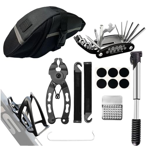 Kit de herramientas para bicicleta, kit de reparación de bicicletas y bolsa de marco de bicicleta con bomba de neumáticos, kit de herramientas portátil para camping, viajes, multiherramienta 16 en 1,