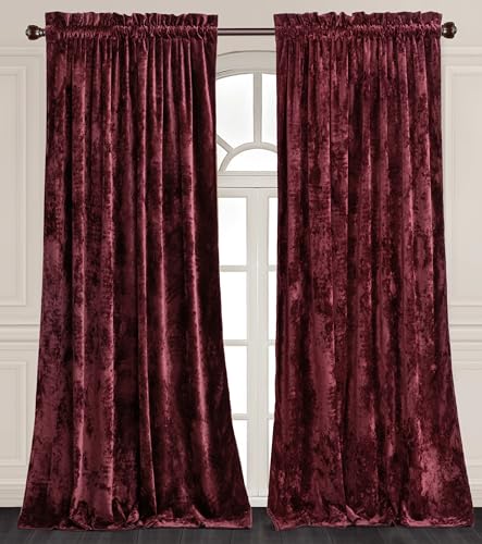 Chezmoi Collection Lux Burgundy Red Crushed Velvet Curtains 2 Panel Set - 84 inches Long Room Darkening Luxury Distressed Velvet Rod Pocket Window Drapes for Living Room Bedroom 50 W x 84 L