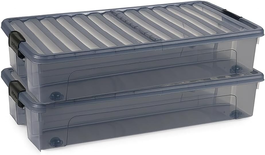 Muddy Hands Pack of 2-35 Litre Under Bed Storage Boxes with Wheels - Clear Plastic Storage Containers with Clip Locking Folding Lids - Stackable Organisers for Clothes, Bedding & Toys (Black)
