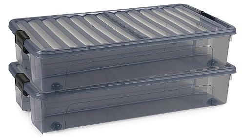 Muddy Hands Pack of 2-35 Litre Under Bed Storage Boxes with Wheels - Clear Plastic Storage Containers with Clip Locking Folding Lids - Stackable Organisers for Clothes, Bedding & Toys (Black)