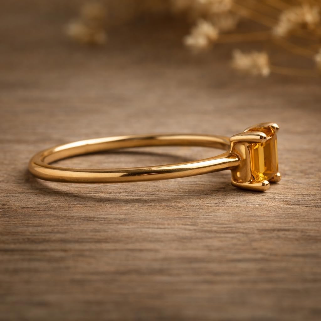 Emerald Cut Citrine Ring 14K Yellow Gold Minimalist Solitaire Engagement Ring Art Deco Alternative Fine Handmade Promise Jewelry Gift For Her