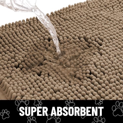 Image of Smiry Dog Door Mat for Muddy Paws, Absorbent Dirt Trapper Non Slip Quick Dry Washable Chenille Mat for Mud Dogs, Entry Rug for Indoor and Outdoor (70x24 Inches, Camel and Black)