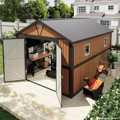 10x12 FT Outdoor Storage Shed, Metal Garden Shed with Floor, Lockable Doors and Windows, Large Tool Shed for Backyard, Patio and Lawn