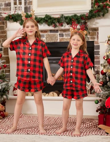 Image of Arshiner Girls Pajamas Silk Satin Pajama Set Button Pjs Ruffle Sleepwear | 2 Piece Nightwear, Silky Soft Lounge for Little & Big Kids, Ideal for Sleeping and Sleepover Party