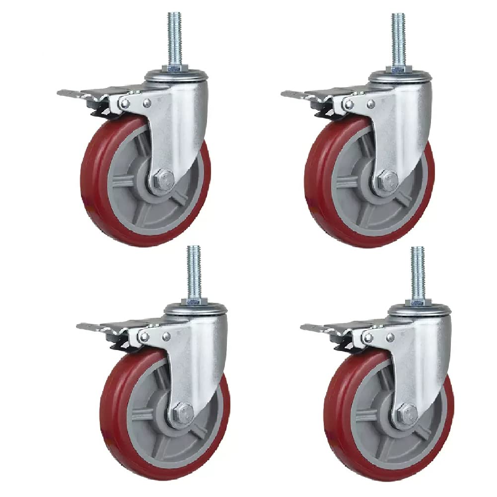 GBRJUYF Heavy Duty M12 x 60 Long Thread Bolt Caster Wheels 3'' 4'' 5'' Silent PU Swivel Casters with Brake, 300-400kg Load Capacity, Set of 4 for Furniture Trolleys & Scaffolding