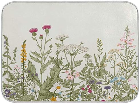Baofu Herbs And Wild Flowers Dish Drying Mat for Kitchen Counter, Ultra Absorbent Reversible Microfiber Dishes Drying Rack Pad Heat-resistant Mats 18x24in