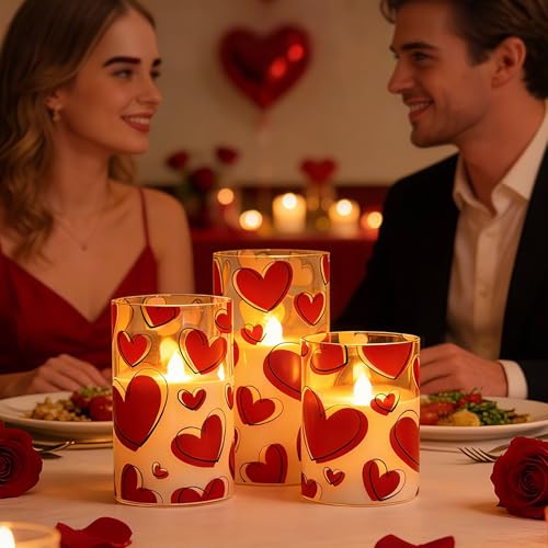 Image of Valentines Day Flameless Candles with Remote, Red Heart Glass Battery Operated Candles, Real Wax Flickering LED Pillar Candles for Proposal Wedding Anniversary Romantic Night, 3 Pack