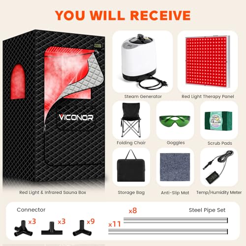 Viconor Red Light Sauna, Portable Steam Infrared Sauna with 660nm & 850nm Red Light Therapy for Home, Full Body Steam Sauna Box for Relaxation, 3L/1200W Steamer, 9 Levels Heat, Timer, Folding Chair - Thumbnail 7