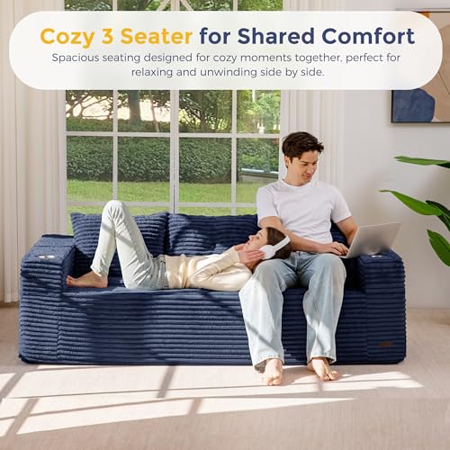 Image of MAXYOYO 79 inch Oversized Boneless Loveseat Sofa Couch for Small Spaces, Mini Love Seat Floor Couch with Cup Holders and Pillows, 3-Seater Upholstered Cloud Couch for Bedroom, No Assembly Required