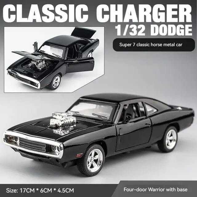 Image of Exclusive Alloy Metal Pull Back Die-Cast Car Diecast Metal Pullback Toy Car with Openable 6 Doors,Light Music Boys Gifts Toys (Fast & Furious 7 Dodge Charger - Black)