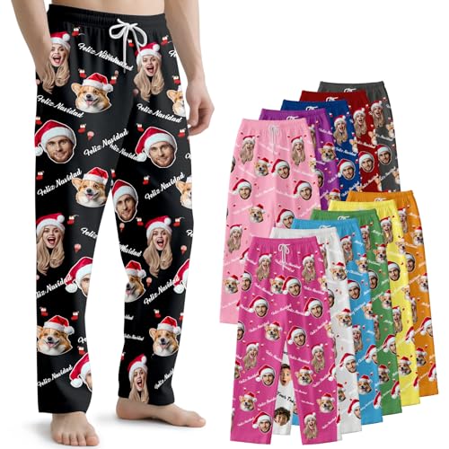 Dr Custom Pijama de Navidad Personalizado con Texto - Pantalones con Mensaje y Foto de Cara - de Forro Polar Técnico con 2 Bolsillos