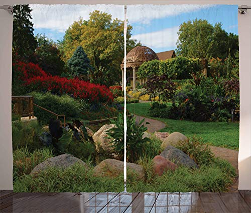 Ambesonne Nebraska Curtains, Picture of a Gazebo at The Sunken Gardens in Lincoln City Blooming Green Nature, Living Room Bedroom Window Drapes 2 Panel Set, 108