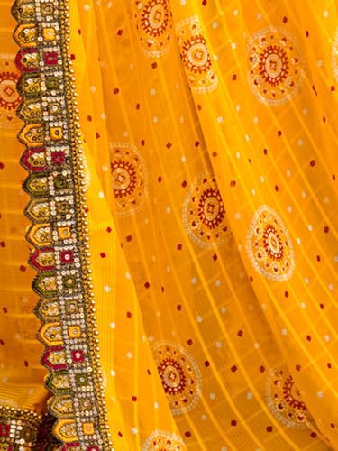 Image of Satrani Women's Georgette Bandhani Printed Sequence Lace Work Scalloped Border Saree with Unstitched Blouse Piece