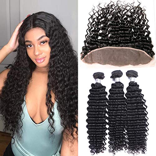Goldfinch Deep Wave 3 Bundles with Frontal Brazilian Deep Curly Human Hair Bundles with Lace Frontal Free Part 18 20 22+18 Ear to Ear Frontal with Bundles Virgin Hair