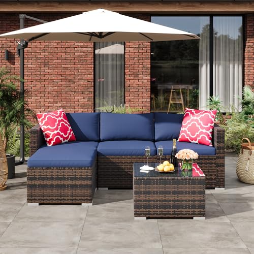 Image of GAOMON 5-Piece All-Weather Patio Furniture Set, Convertible Outdoor Sectional Sofa with Ottoman & Tempered Glass Table, PE Rattan Conversation Set for Garden, Backyard, Porch, Poolside
