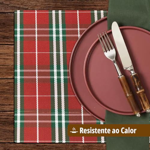 4 Jogo Americano Mesa Posta Luxo Feliz Natal Ano Novo Vr (Xadrez Verde e Vermelho)