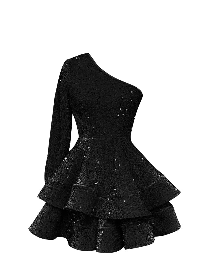 Women's One Shoulder Sequin Homecoming Dresses for Teens Puffy Layered Long Sleeve Short Cocktial Gown