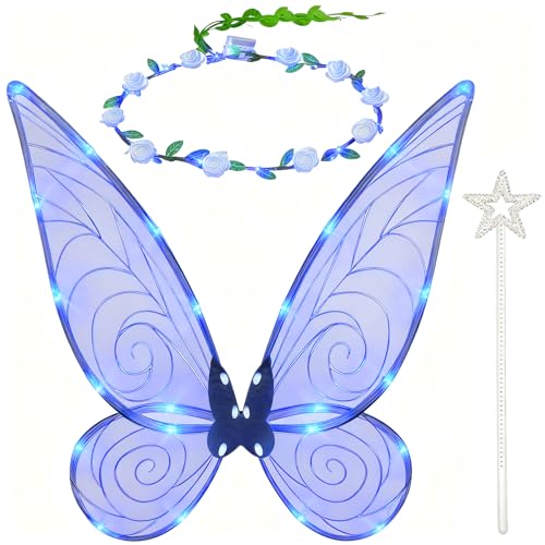 Ailes de Fée LED pour Fille Enfant Adulte,Costume Fée Lumineux avec Baguette Magique & Couronne Fleur,Ailes Papillon Lumineuses pour Halloween,...