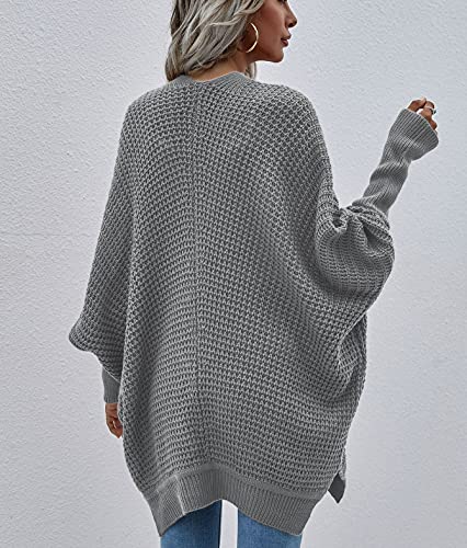 Image of Women's Waffle Cardigan Ribbed Cuffs Open Front Knit Sweater Batwing Long Sleeve Casual Loose Chunky Coat Outwear(XL,deep grey2)