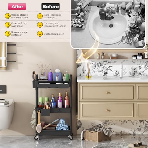Image of Goovilla Rolling Makeup Organizer Cart with Removable Drawer, 3 Tier Stable Black Floor Skincare Storage Cart for Vanity, Cosmetic Display, Nail Polish, Perfume, Hair Stuff, Beauty, Bathroom(Plastic)