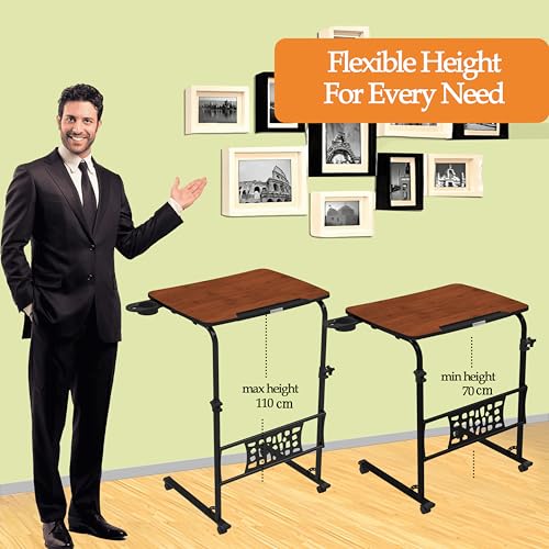 Image of Amazon Basics | Ergo Rise | Sit & Stand | Height Adjustable Laptop Table with Lockable Wheels | Rustic Amber