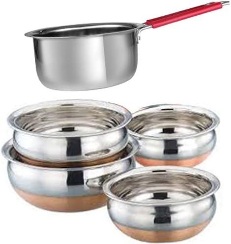 Serving & Cookware Set - Handi 4 Piece Set | Copper Bottom - 1 Handle Sauce Pan |Stainless Steel - Multipurpose Heavy Gauge- Set of 5