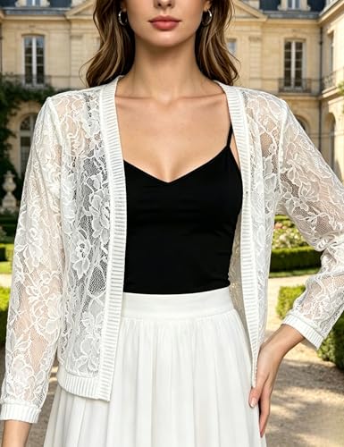 Image of FindThy Women's Casual Summer Lace Cardigan Open Front 3 /4 Sleeve Solid Lace Shrug Cover Up