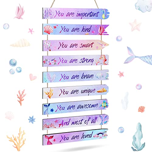 Image of CHENGU 9 Pcs Watercolor Mermaid Wall Decor Inspirational Art Room l Decor Aesthetic Wooden Wall Hanging Sign Cute Room Decorations for Teens Bedroom Toddler (Mermaid)