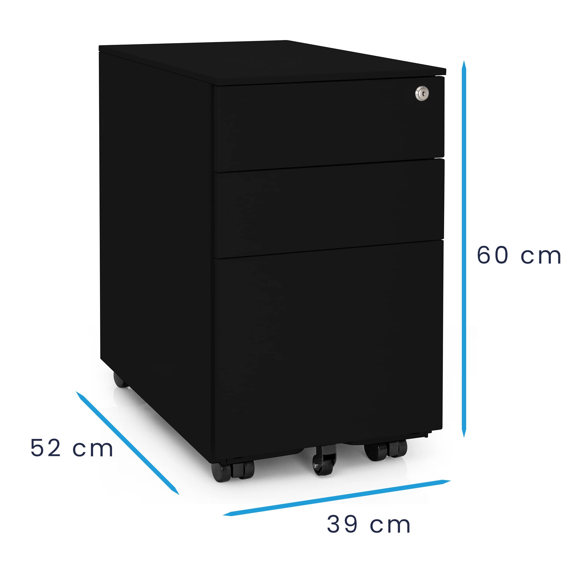 Ergotopia Rollcontainer schwarz - abschließbarer Bürocontainer für Schreibtisch 60x39x52 cm (HxBxT) - Büro Container mit 3 Schubladen - Schreibtischcontainer abschließbar