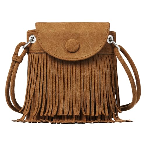 Sunwel Fashion Mini bolsa de franja pequena bolsa transversal para mulheres carteira ocidental para celular com bolsos com zíper, Marrom