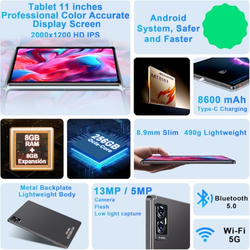 Image of Tablet Android Tablet 11 Inch with 16GB+256GB+2TB Expand, 8600mAh, Support, 5MP+13MP Dual Camera, Bluetooth 5.0, Octa-Core 2.0 GHz, 5G WiFi, 2026 lastest HD Screen Tablet with Keyboard and Mouse, Grey